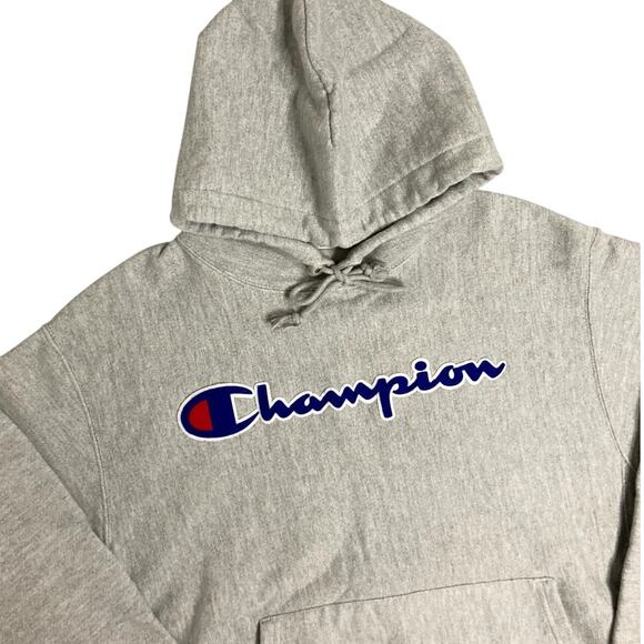 Champion Vintage Reverse Weave Hoodie Mens Large Heather Gray Spell Out Patch - Picture 4 of 13